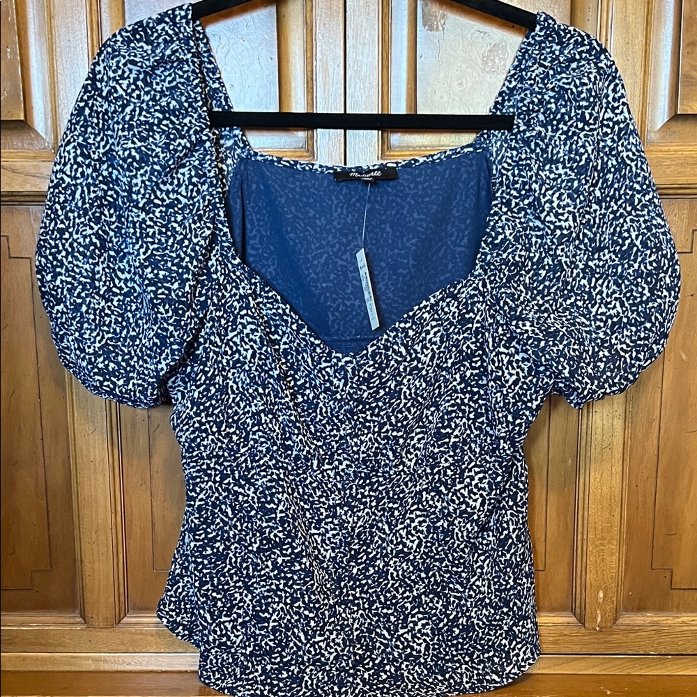 Madewell Navy and White Puff Sleeve Blouse